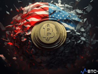 Digital currency symbols intertwined with the US and Russian flags, depicting the escalation of sanctions on Russian cryptocurrency operations