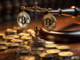 BitMEX a symbolic representation of legal scrutiny over cryptocurrency trading practices, featuring a gavel and digital currency symbols.