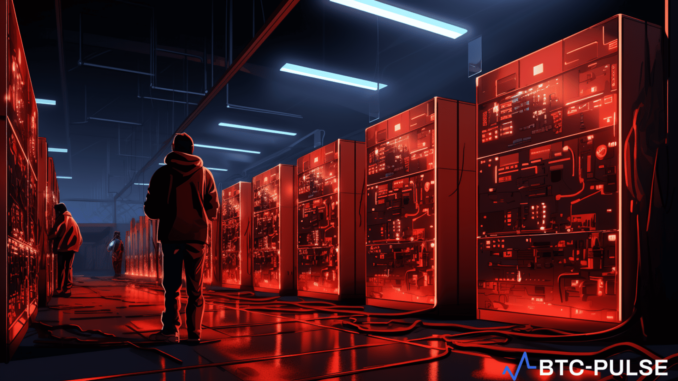 Illustration of a Bitcoin mining facility in the US using Chinese ASICs, highlighting potential security risks.