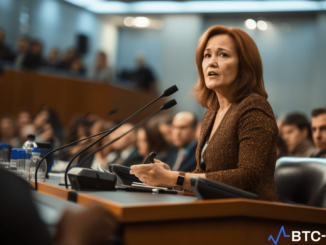 Elvira Nabiullina speaking at the State Duma, urging for the fast approval of crypto legislation.
