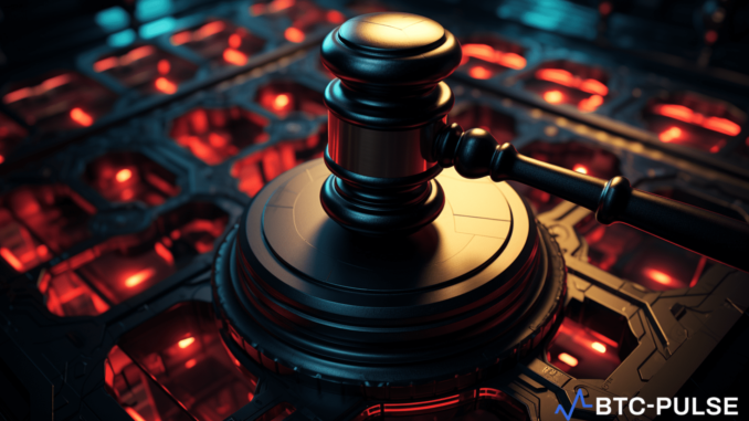 Uniswap Labs Faces SEC Legal Action: Prepares for Battle A symbolic representation of Uniswap Labs' resistance against the SEC's Wells notice, showcasing a gavel and the Uniswap logo in a standoff.