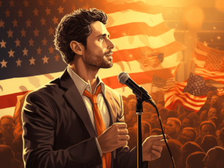 Joe Biden speaking at a campaign event, highlighting his engagement with crypto donations.