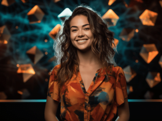 New Bitfarms board member Fanny Philip smiling against a blockchain background