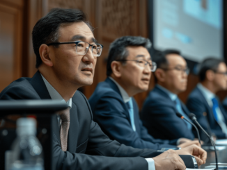 Representatives of China and Kazakhstan central banks discussing CBDC research partnership