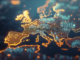 A digital illustration representing Europe's dominance in global cryptocurrency trading volume.