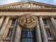 Bank of England building with Bitcoin symbol
