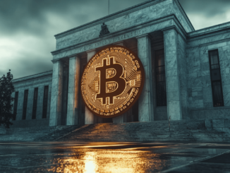 Bitcoin symbol with Federal Reserve in the background, indicating potential rate cut impact.