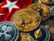 Cryptocurrency exchanges Binance, Bitfinex, and OKX logos with the Turkish flag background