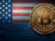 A digital representation of Bitcoin with the U.S. flag in the background.