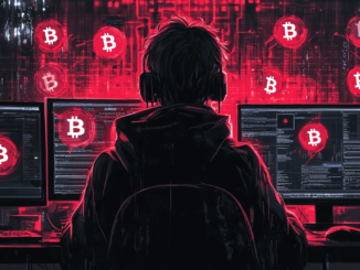 Illustration of a hacker behind a computer screen with cryptocurrency symbols, representing North Korean involvement in crypto theft.