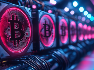 Bitcoin mining equipment with rising hash rate indicator on a digital screen.