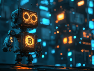 Robot Ventures logo with blockchain and cryptocurrency symbols in the background