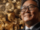 Financial expert Robert Kiyosaki with symbols of Bitcoin, gold, and silver, forecasting a price surge.