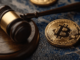 Coinbase logo next to a gavel symbolizing legal action against the crypto exchange.