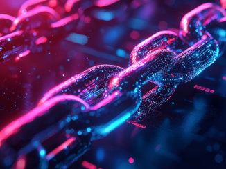 A digital rendering of Bitcoin coins stacked in front of The Blockchain Group’s logo