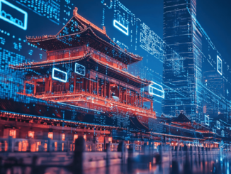 Chinese government building with digital financial symbols representing fintech and cryptocurrency.