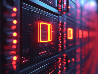 Upbit cryptocurrency exchange logo with AWS server infrastructure in the background.