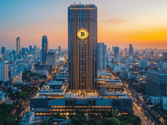 Thailand’s Siam Commercial Bank headquarters with digital coin icons symbolizing stablecoin remittance services.