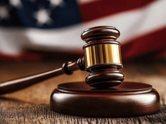 Gavel and cryptocurrency symbols representing a legal dispute in the United States