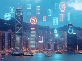 Hong Kong cityscape featuring cryptocurrency symbols representing financial innovation.