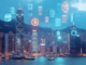 Hong Kong cityscape featuring cryptocurrency symbols representing financial innovation.