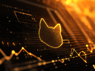 Dogecoin logo with market trend arrows indicating upward momentum