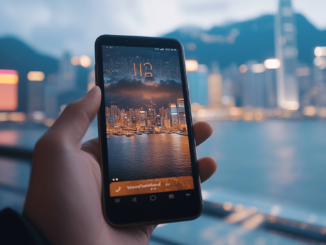 A smartphone displaying a digital wallet app with Hong Kong in the background, symbolizing decentralized KYC for Chinese visitors.