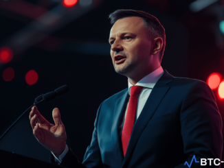 Polish presidential candidate Sławomir Mentzen speaking at a campaign event, highlighting his Bitcoin reserve policy.
