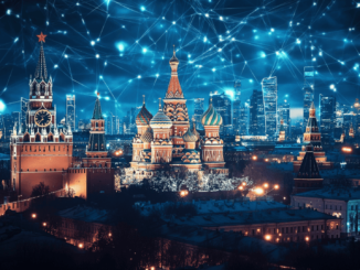 Rostec logo with digital ruble symbol and TRON blockchain graphics