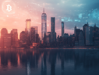 Anchorage Digital logo with a New York City skyline in the background, symbolizing regulatory approval for BitLicense.