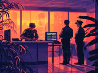 Vietnamese police conducting a raid at a fraudulent crypto company's headquarters to prevent further scams.