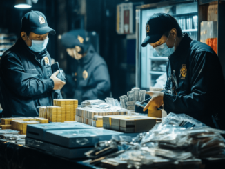 Taiwan police officers display seized evidence, including safes, cash counters, and mobile phones, during a crackdown on unregistered crypto trading.