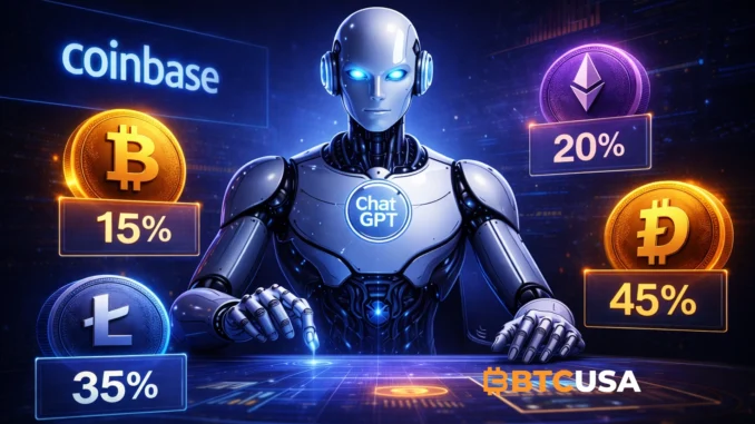 ai_crypto_probabilities_Coinbase AI-driven crypto market analysis showing probability estimates for Bitcoin, Ethereum, Litecoin, and Dogecoin futures.