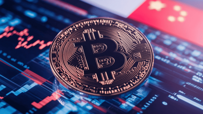 Bitcoin logo over economic chart with US and China flags in background Bitcoin logo over economic chart with US and China flags in background