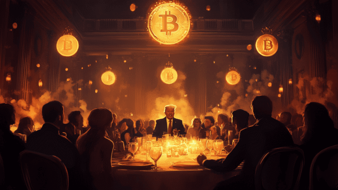 Donald Trump addressing memecoin investors at White House gala dinner