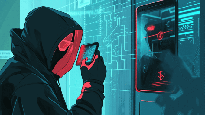 Illustration showing a crypto hacker targeting a user through a phishing attack on a mobile wallet