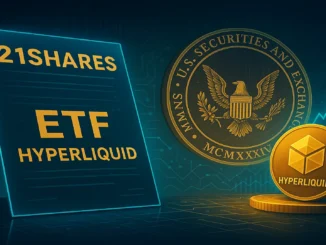 Digital illustration of 21Shares applying for Hyperliquid ETF before the U.S. SEC with blockchain visuals and futuristic financial imagery