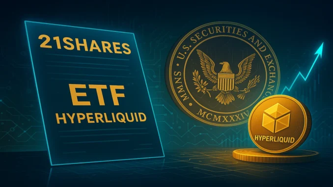 21Shares_Hyperliquid_ETF Digital illustration of 21Shares applying for Hyperliquid ETF before the U.S. SEC with blockchain visuals and futuristic financial imagery