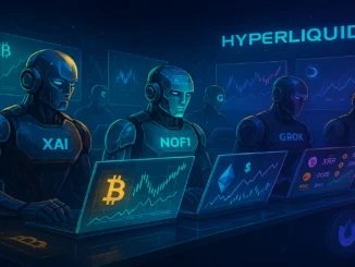 Futuristic digital illustration showing AI models competing in crypto trading on Hyperliquid exchange