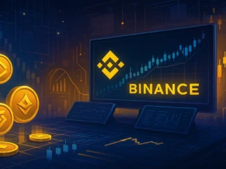 Futuristic digital illustration showing Binance exchange charts and glowing altcoins rising, symbolizing strong market performance of 2025 listings.