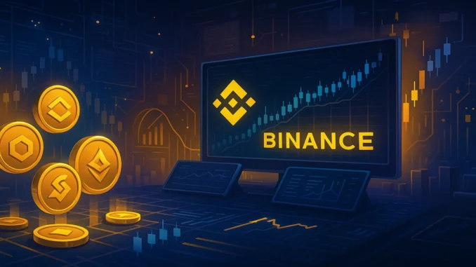 Binance_Listings_2025_CryptoQuant_1920x1080 Futuristic digital illustration showing Binance exchange charts and glowing altcoins rising, symbolizing strong market performance of 2025 listings.