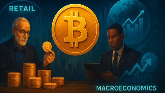 Digital illustration showing Bitcoin coins divided between retail and institutional investors, symbolizing market transition.