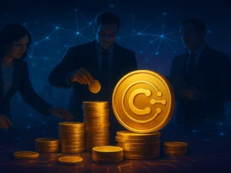 Digital illustration of institutional investors funding a blockchain project with golden crypto coins and futuristic network connections