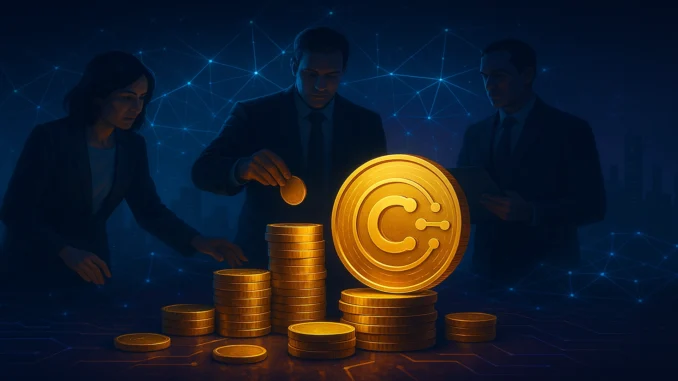 Digital illustration of institutional investors funding a blockchain project with golden crypto coins and futuristic network connections
