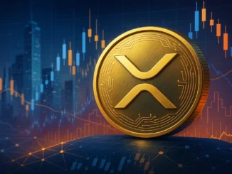 Digital illustration of XRP token with stock market charts and ETF trading screens representing approval and listing on Nasdaq