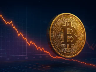 Digital illustration of a golden Bitcoin amid descending market charts and blockchain data metrics