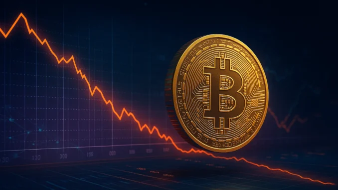 ChatGPT Image 31 окт. 2025 г., 00_52_59 Digital illustration of a golden Bitcoin amid descending market charts and blockchain data metrics