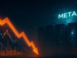 Digital illustration showing Wall Street charts declining beside AI server racks and Meta’s virtual network glow, symbolizing investor anxiety