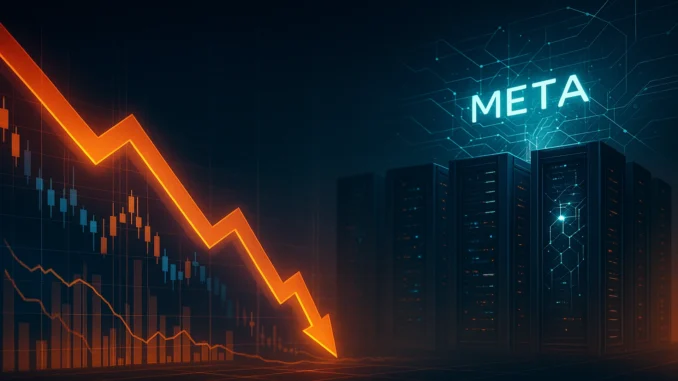 Market correction amid AI spending fears by Meta and tech giants Digital illustration showing Wall Street charts declining beside AI server racks and Meta’s virtual network glow, symbolizing investor anxiety