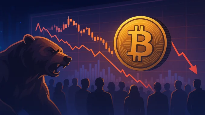 ChatGPT Image 31 окт. 2025 г., 01_24_10 Cinematic digital illustration of Bitcoin under pressure, surrounded by red bearish signals and blockchain charts showing declining sentiment
